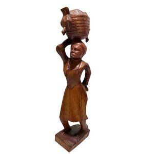 Hand-Carved Wooden African Woman Figurine with Basket Decor